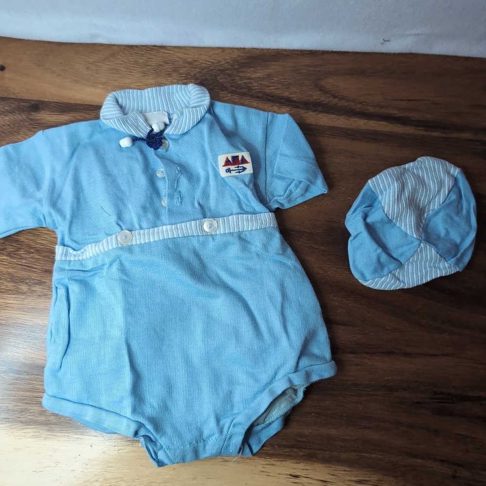 Vintage Princess Pat Baby Boy Romper Cap Set Blue Nautical Sailboat Large Cotton